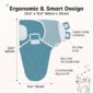Ergonomic baby swaddle with pacifier loop and leg pouch.
