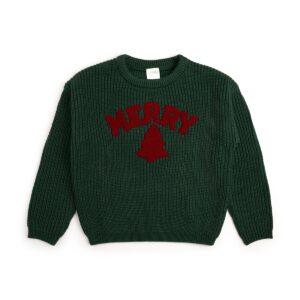 Green sweater with 'Merry' and red tree design.