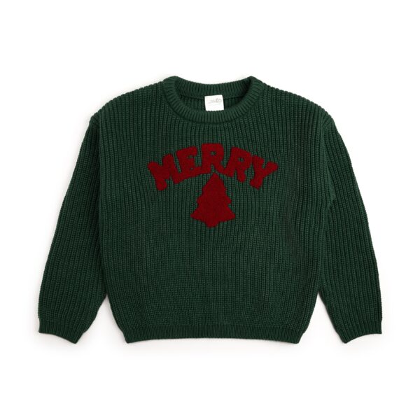 Green sweater with 'Merry' and red tree design.