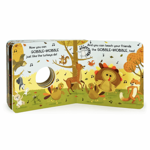 cottage door press gobble wobble thanksgiving finger puppet board book Children's book with turkey teaching forest animals dance