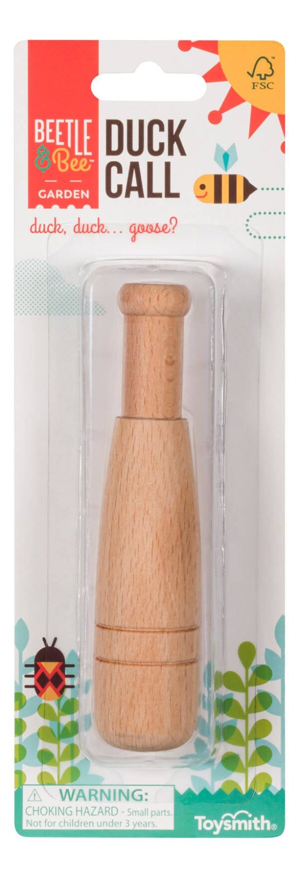 toysmith beetle & bee duck call fsc certified wood outdoor play Beetle & Bee wooden duck call toy packaging.