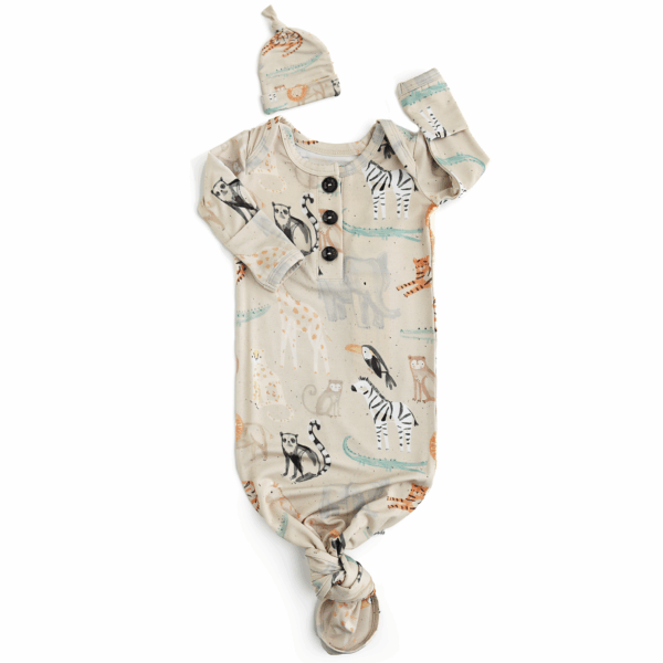 gigi and max bamboo baby gown Animal print baby gown and hat set.