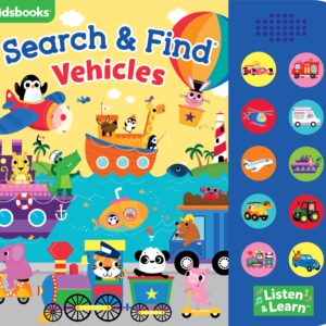 Colorful animals on various vehicles, interactive book cover.