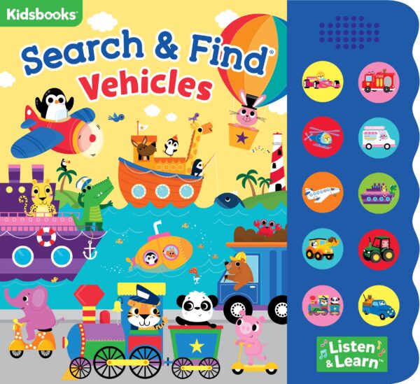 Colorful animals on various vehicles, interactive book cover.