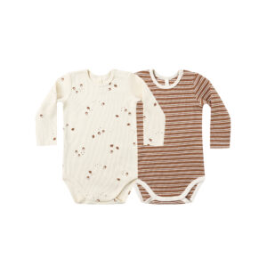 Two long-sleeve baby bodysuits, beige and brown striped.