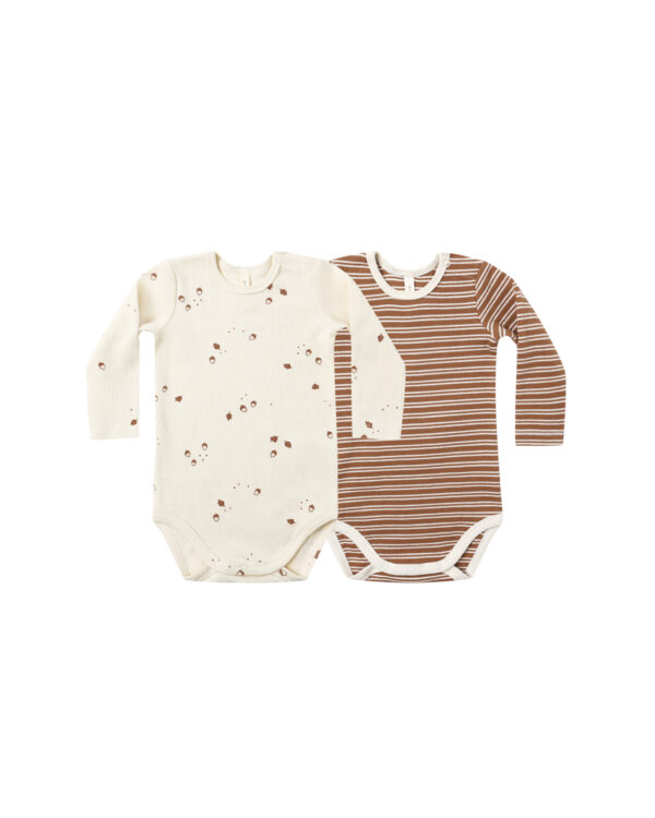 quincy mae ribbed bodysuit two pack cedar micro stripe/acorns Two long-sleeve baby bodysuits, beige and brown striped.