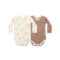 Two long-sleeve baby bodysuits, beige and brown striped.