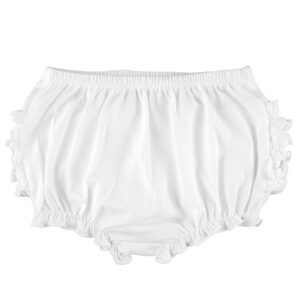 White ruffled baby bloomers with elastic waistband.