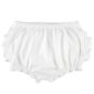 White ruffled baby bloomers with elastic waistband.
