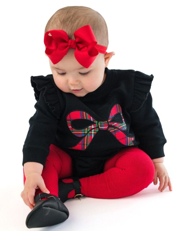 rufflebutts nicholas plaid bow black applique flutter romper Baby in red bow and festive outfit