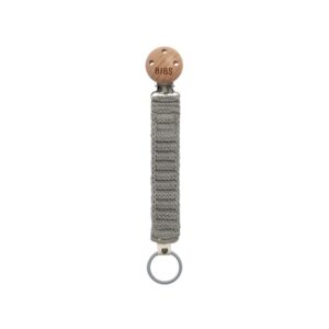 Gray knitted pacifier clip with wooden clasp.