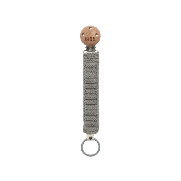 Gray knitted pacifier clip with wooden clasp.