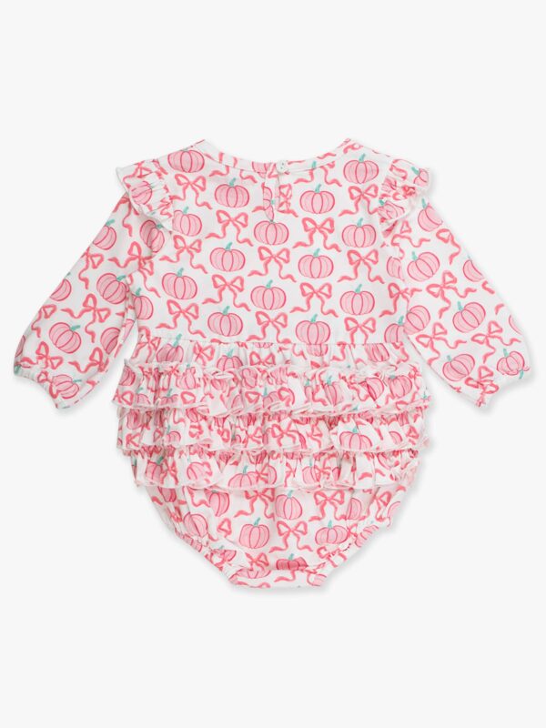 rufflebutts + ruggedbutts baby girls pink fairytale pumpkins knit long sleeve flutter bubble romper Baby romper with pink pumpkin pattern and ruffles.