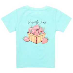 Aquamarine shirt with basket of strawberries design.