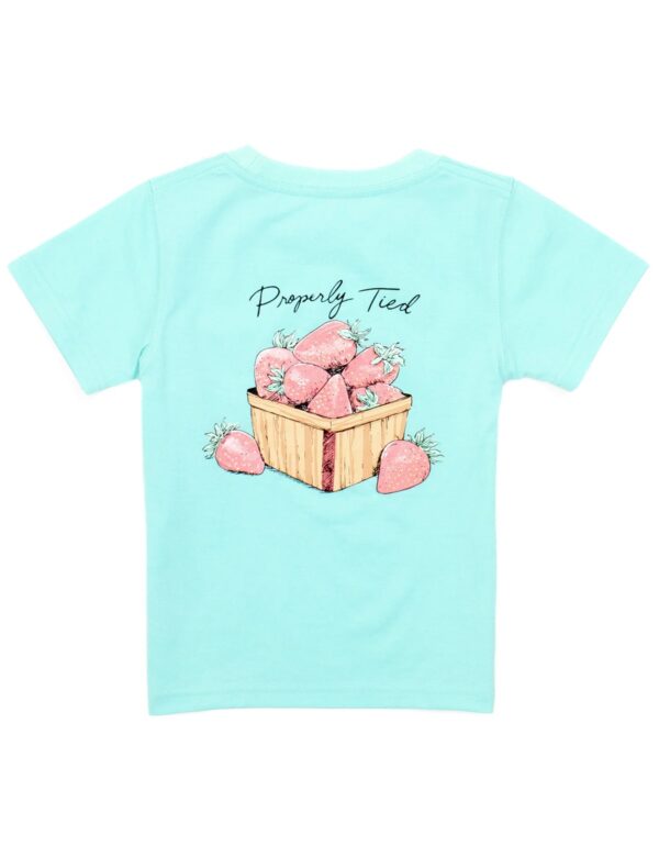 Aquamarine shirt with basket of strawberries design.