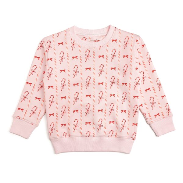 sweet wink candy cane lane christmas sweatshirt Pink sweatshirt with red candy cane and bow pattern.