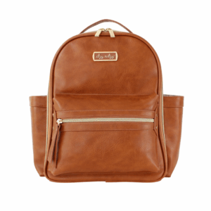 Brown leather backpack with front zipper pocket.