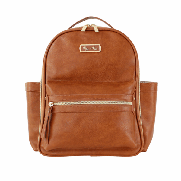 Brown leather backpack with front zipper pocket.