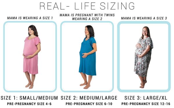 three little tots harbor mist maternity mommy labor and delivery/ nursing gown (1) Three pregnant women in different maternity dress sizes.