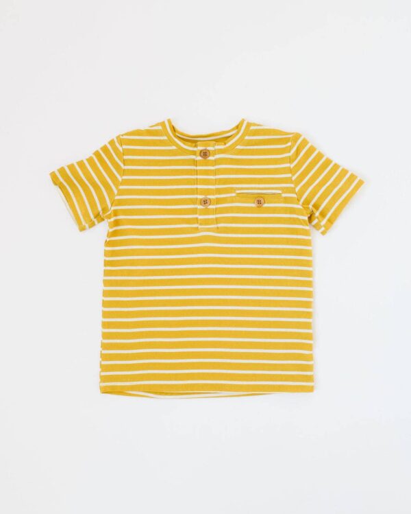 ollie jay alex tee in mustard stripe Yellow striped t-shirt with buttons and pocket