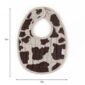 Cow print baby bib with size measurements.