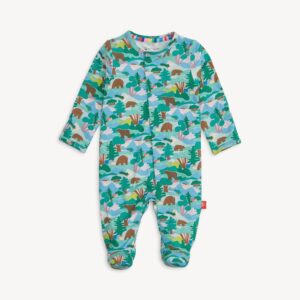 Colorful forest-themed baby onesie with bears and trees.