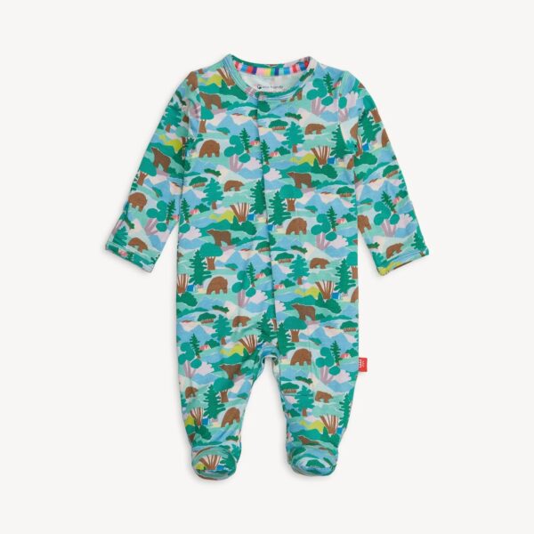 Colorful forest-themed baby onesie with bears and trees.