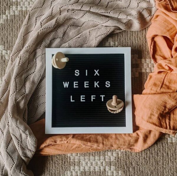 itzy ritzy sweetie soother™ pacifier sets (2 pack): agave + succulent cables Sign with message 'Six Weeks Left' on fabric.
