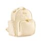 Cream-colored quilted backpack with gold zippers