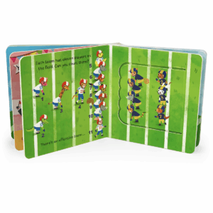 Illustrated children's book page with football players.