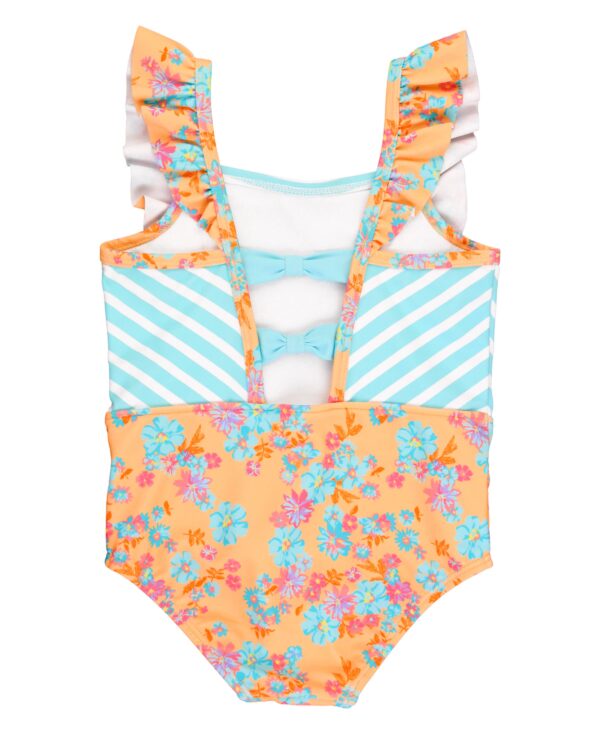 rufflebutts vibrant valley pinafore one piece: Floral and striped ruffled girls' swimsuit