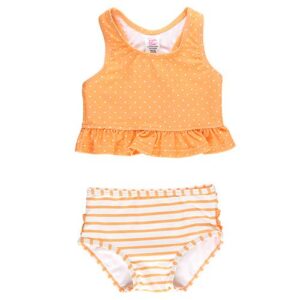 Orange polka dot and striped toddler swimsuit set.