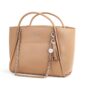 Tan handbag with silver chain and tassel.