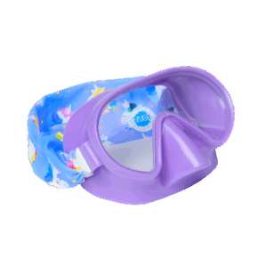 Purple kids swim goggles with blue printed strap.