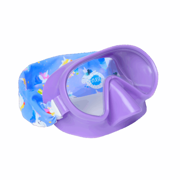 splash place swim goggles mask rainbow unicorn swim mask Purple kids swim goggles with blue printed strap.