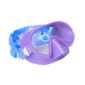 Purple kids swim goggles with blue printed strap.