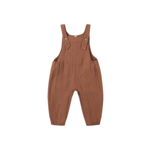 Brown baby romper with adjustable straps.