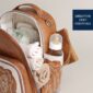 Leather diaper bag with essentials inside and pockets.