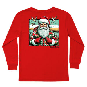 Santa in camo jacket, holding candy cane, ducks flying.