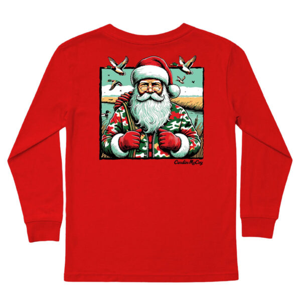 Santa in camo jacket, holding candy cane, ducks flying.