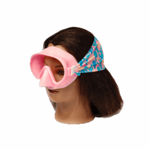 Mannequin with pink swim mask and colorful strap.