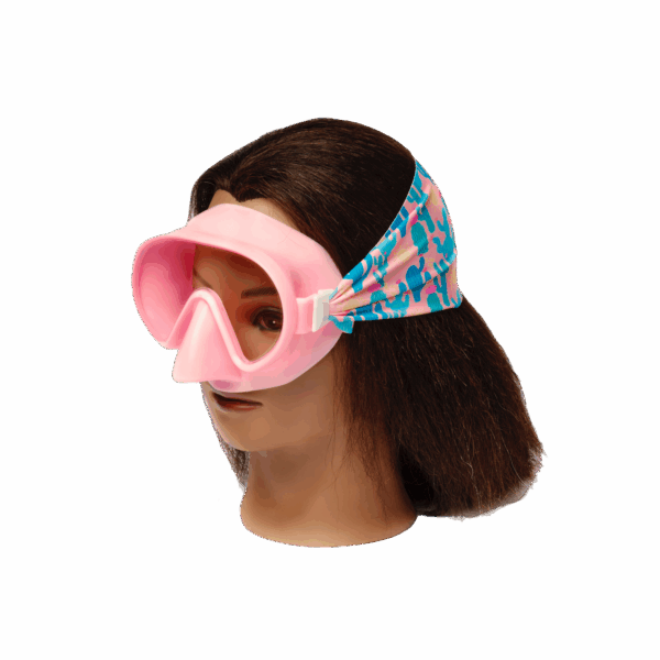 splash place swim goggles mask desert sunshine swim mask Mannequin with pink swim mask and colorful strap.