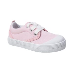 Pink canvas sneaker with white laces.