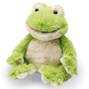 Soft green frog plush toy sitting upright.