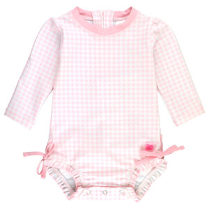 Pink gingham long-sleeve baby onesie with bows.