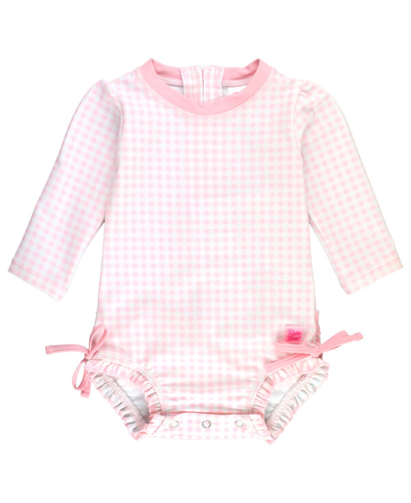 rufflebutts gingham plaid one piece Pink gingham long-sleeve baby onesie with bows.