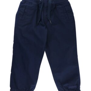 Navy blue jogger pants with drawstring and pockets.