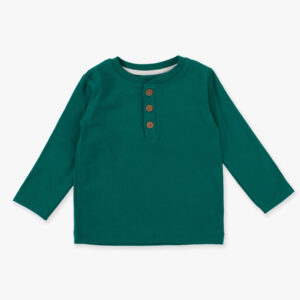 Green long-sleeve henley shirt with buttons.