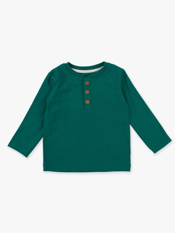 Green long-sleeve henley shirt with buttons.