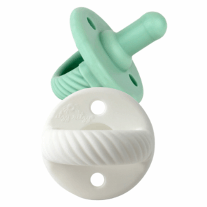 Green and white silicone pacifiers with textured design